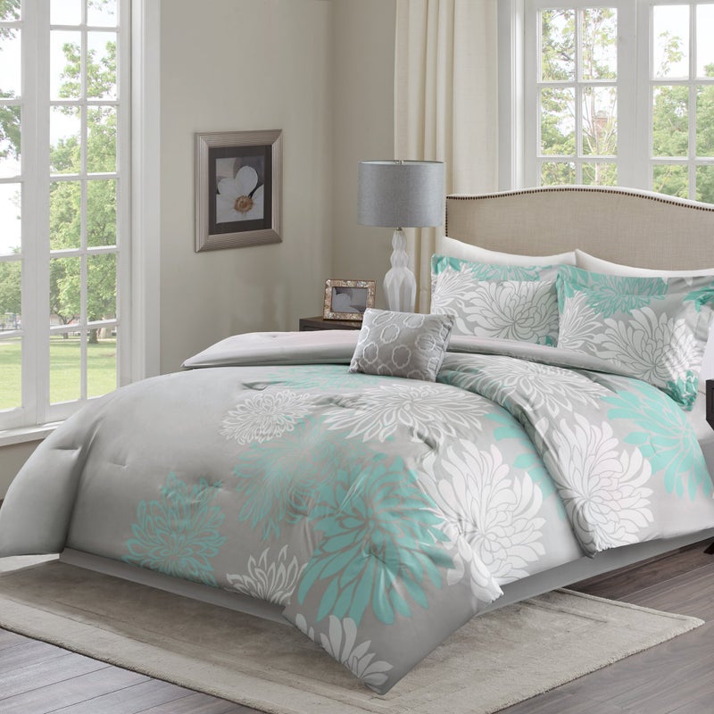 Comfort Spaces Enya Comforter Set-Modern Floral Design All Season Down Alternative Bedding, Matching Shams, Bedskirt, Decorative Pillows, Queen(90"x90"), Aqua - Image 3